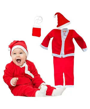 Sarvda Christmas Santa Dress Costume For Kids Boys & Girls | Set of 4 (Coat, Trousers, Cap, Bag) | Christmas Day Costume for Christmas Parties Celebration | X-Mas Santa Costume Cosplay For Baby Boys & Girls | Age (6 Month To 1-8 Years)