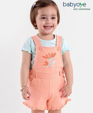 Babyoye Eco Conscious Cotton Organic Cap Sleeves Top With Dungaree Butterfly Print & Floral Embroidery- Blue Peach