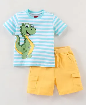 Babyhug Cotton Half Sleeves T-Shirt & Shorts Dino Print - Blue & Yellow