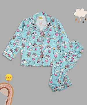 Pyjama Party Full Sleeves Candyland Printed Night Suit - Blue