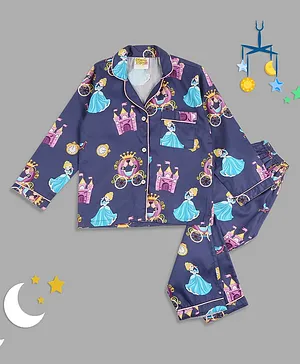 Pyjama Party Full Sleeves Princess Printed Night Suit - Navy Blue