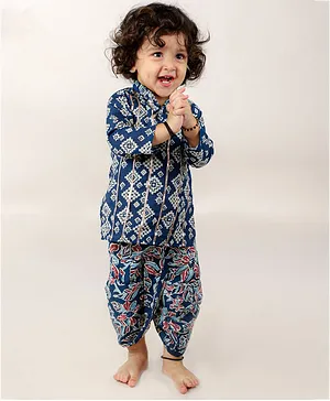 KID1 Full Sleeves Patola Print Gota Lace Embellished Kurta With Floral All Over Printed Dhoti - Blue