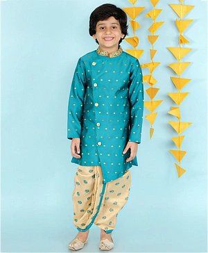 KID1 Full Sleeves Dots Woven Festive Sherwani Dhoti Set - Green
