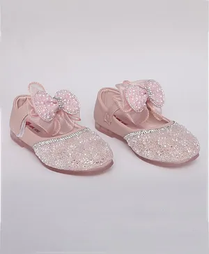 Mine Sole Big Tissue Bow On Strip Rhinestones Embellished Party Wear Mary Jane Ballerinas - Pink