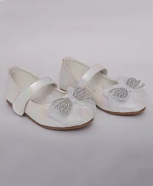 Mine Sole Stones Embellished Big Bow Detail Textured Party Wear Mary Jane Ballerinas - White