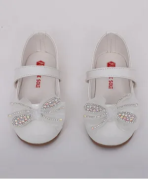 Mine Sole Stones Embellished Big Bow Detail Party Wear Mary Jane Ballerinas - Milky White