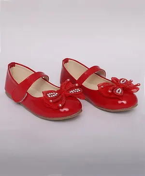 Mine Sole Stones Embellished Big Bow Detail Party Wear Mary Jane Ballerinas - Glossy Red