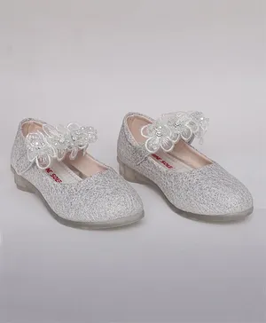 Mine Sole Floral Embellished Strip Party Wear Mary Jane Ballerinas - Silver