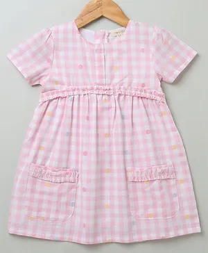 Sweetlime by A.S Half Sleeves Gingham Checked & Polka Dot Printed Dobby Butti Ruffled Dress - Pink