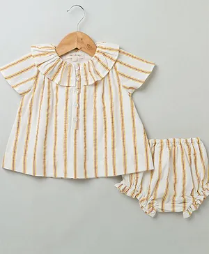 Sweetlime by A.S Half Sleeves Balanced Striped Top With Coordinating Bloomer - Yellow & White