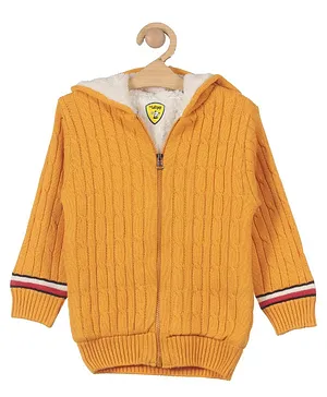Lil Lollipop Full Sleeves Woven Design Detailed & Fur Line Embellished Hooded Sweater - Yellow