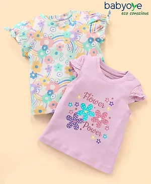Babyoye Eco Conscious Cotton Half Sleeves Tee Floral Print Pack of 2- Purple & White