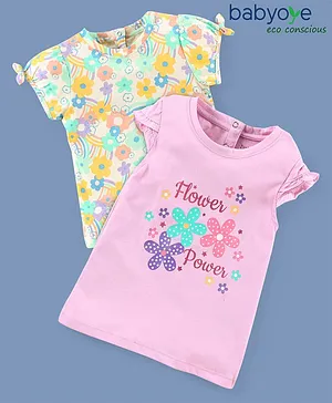 Babyoye Eco Conscious Cotton Half Sleeves Tee Floral Print Pack of 2- Purple & White