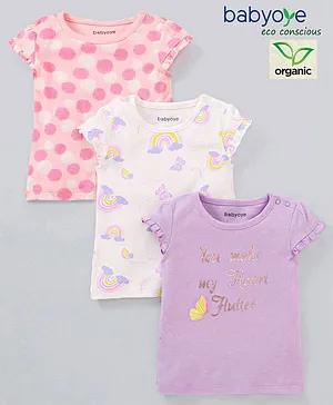 Babyoye Eco Conscious Organic Cotton Half Sleeves  Tops Rainbow & Text Print Pack of 3 - White & Purple