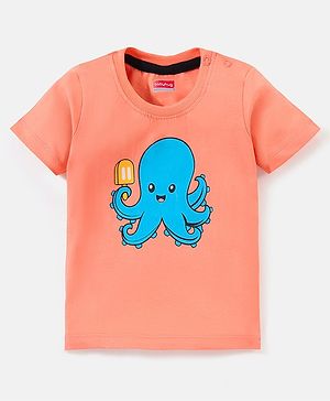 Babyhug Cotton Knit Half Sleeves T-Shirt Octopus Print - Light Orange