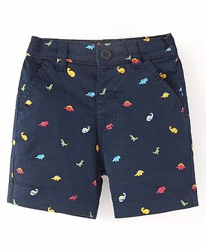 Babyhug Cotton Lycra Mid Thigh Length Shorts With Stretch Dino Print - Navy Blue