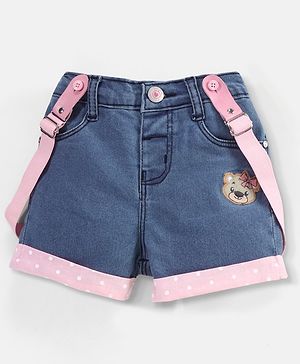 Babyhug Cotton Above Knee Length Washed Denim Stretchable Shorts Teddy Patch - Blue