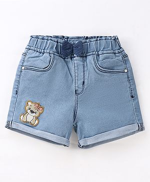 Babyhug Cotton Stretched Mid Thigh Length Teddy Patch Shorts  - Blue