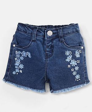 Babyhug Cotton Above Knee Length Washed Denim Stretchable Shorts Floral Embroidered - Blue