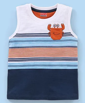 Babyhug Cotton Knit Sleeveless Striped T-Shirt Crab Applique - Navy & White