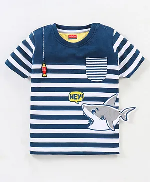 Babyhug Cotton Knit Half Sleeves Stripe & Shark Printed T-Shirt - Navy Blue & White