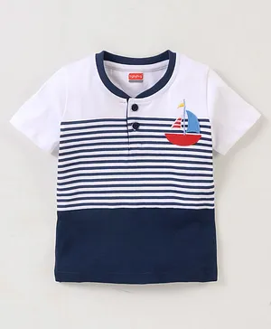 Babyhug Cotton Jersey Knit Half Sleeves Striped T-Shirt Boat Applique - White & Blue