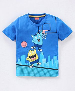 Babyhug Cotton Knit Half Sleeves Monsters Printed T-Shirt - Blue