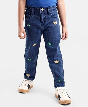 Babyhug Cotton Stretchable Full Length Washed Jeans Teddy Print  With Mock Fly  - Blue