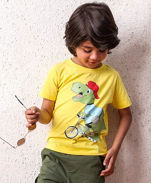 Babyhug Cotton Knit Half Sleeves Dino Printed T-Shirt - Yellow