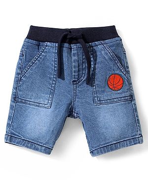 Babyhug Cotton Spandex Knee Length Stretchable Washed Denim Bermuda with Ball Patch - Blue