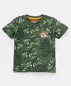 Babyhug Cotton Knit Half Sleeves T-Shirt Leaves Print - Olive