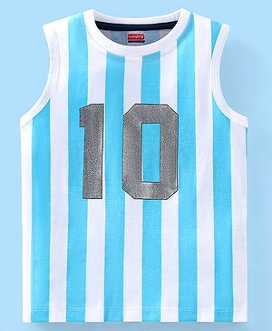 Babyhug Cotton Knit Sleeveless T-Shirt Striped and 10 Print - Blue & White