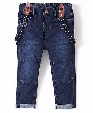 Babyhug Cotton Washed Denim Solid Full Length Jeans With Suspender  Fly With Zipper -  Blue