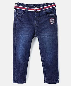 Babyhug Cotton Stretchable Full Length Washed Jeans With Belt  Fly With Zipper -  Blue