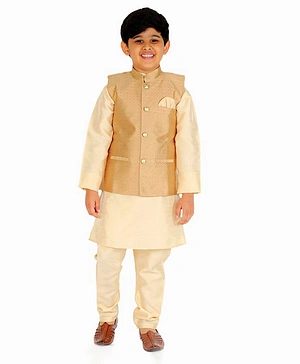 P-Mark Full Sleeves Solid Kurta & Pyjama With Seamless Woven Designed Jacket - Light Brown