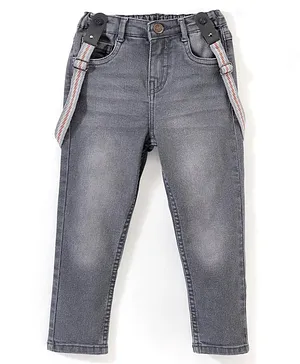 Babyhug Stretchable Full Length Jeans With Suspenders - Grey