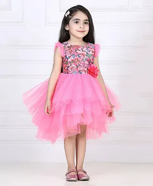 Toy Balloon Cap Sleeves Seamless Butterfly & Abstract Printed Fit & Flare Mesh Layered High Low Dress With Flower Applique - Pink