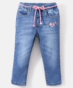 Babyhug Cotton Full Length Stretchable Jeans Floral Print - Blue