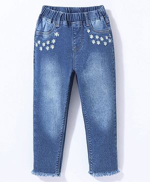 Babyhug Cotton Stretched Full Length Washed Denim Jeggings Floral Embroidery - Blue
