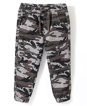 Babyhug Cotton Full Length Stretchable Trouser Camo Print- Grey & Green