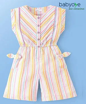 Babyoye Cotton Gauze Eco Conscious Sleeveless Striped Jumpsuit With Bow Applique- White Yellow & Pink