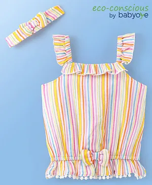 Babyoye Eco Conscious Cotton with Eco Giva Finsh Gauze Printed Sleeveless Singlet Striped Top with Head Band - Yellow