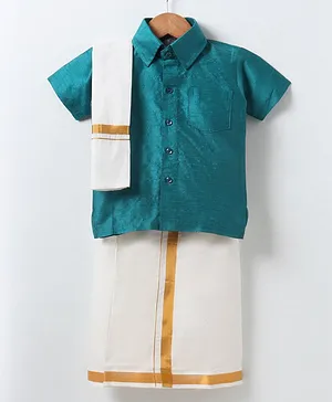 Dapper Dudes Short Sleeves Solid Shirt With Mundu And Angavastram - Bottle Green