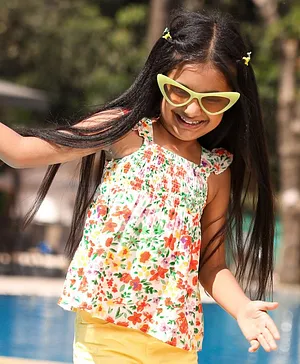 Babyhug Sleeveless Woven Top With Smocking & Frill Detailing Floral Print - White
