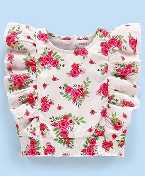 Babyhug Viscose Flutter Sleeves Top With Smocking & Frill Detailing Floral Print- White