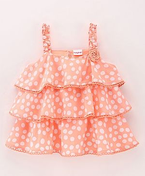 Babyhug 100% Rayon Sleeveless 3 Tier Woven Top With Corsage & Lace Detailing Polka Dot Print- Peach