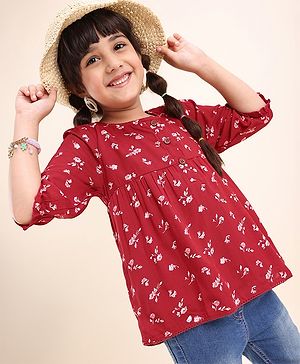 Babyhug Viscose Woven Three Fourth Sleeves Top With Frill Detailing Floral Print- Red