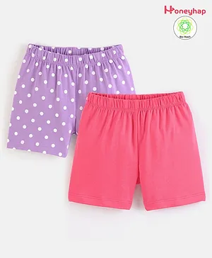Honeyhap Premium Cotton Elastane Mid Thigh Length Cycling Shorts With Bio Finish Solid & Polka Dots Print Pack Of 2 - Lavendula & Calyspo Coral