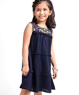 Babyhug Crinkle Rayon Sleeveless Frock With Floral Embroidery - Navy Blue