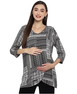 Momsoon Three Fourth Sleeves Self Design Front Overlapping Top - Grey Black